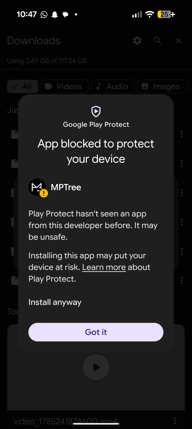 Play Protect dialog showing Install anyway